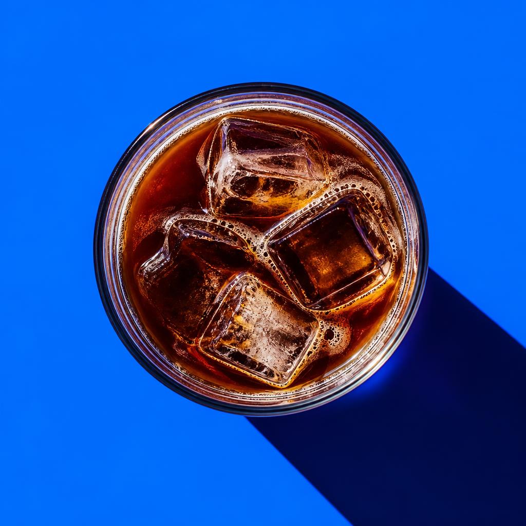 Vaso de cold brew con hielo visto desde arriba sobre fondo azul eléctrico